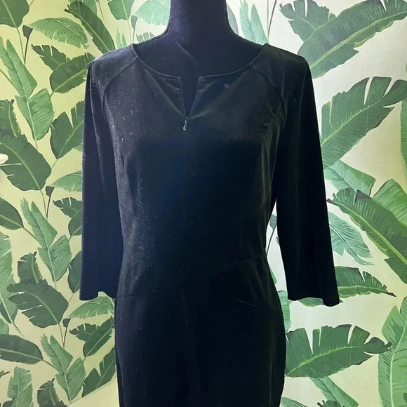 Black Velvet 3/4 Sleeve Shift Dress L Wedding Guest Party Cocktail - Picture 2 of 4